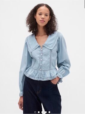 GAP Light Blue Lace-Trim Peplum Button-Front Blouse